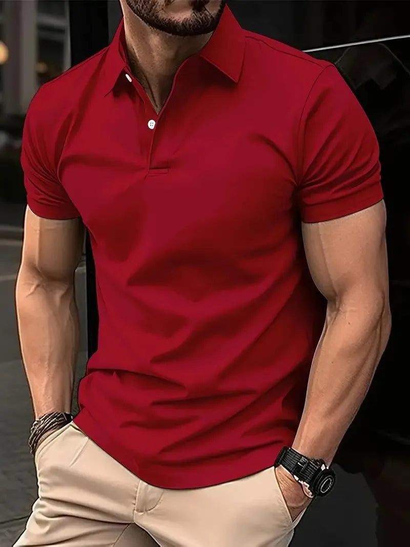 Men's slim fit short sleeve button shirt in a solid colour, showing front button closure.