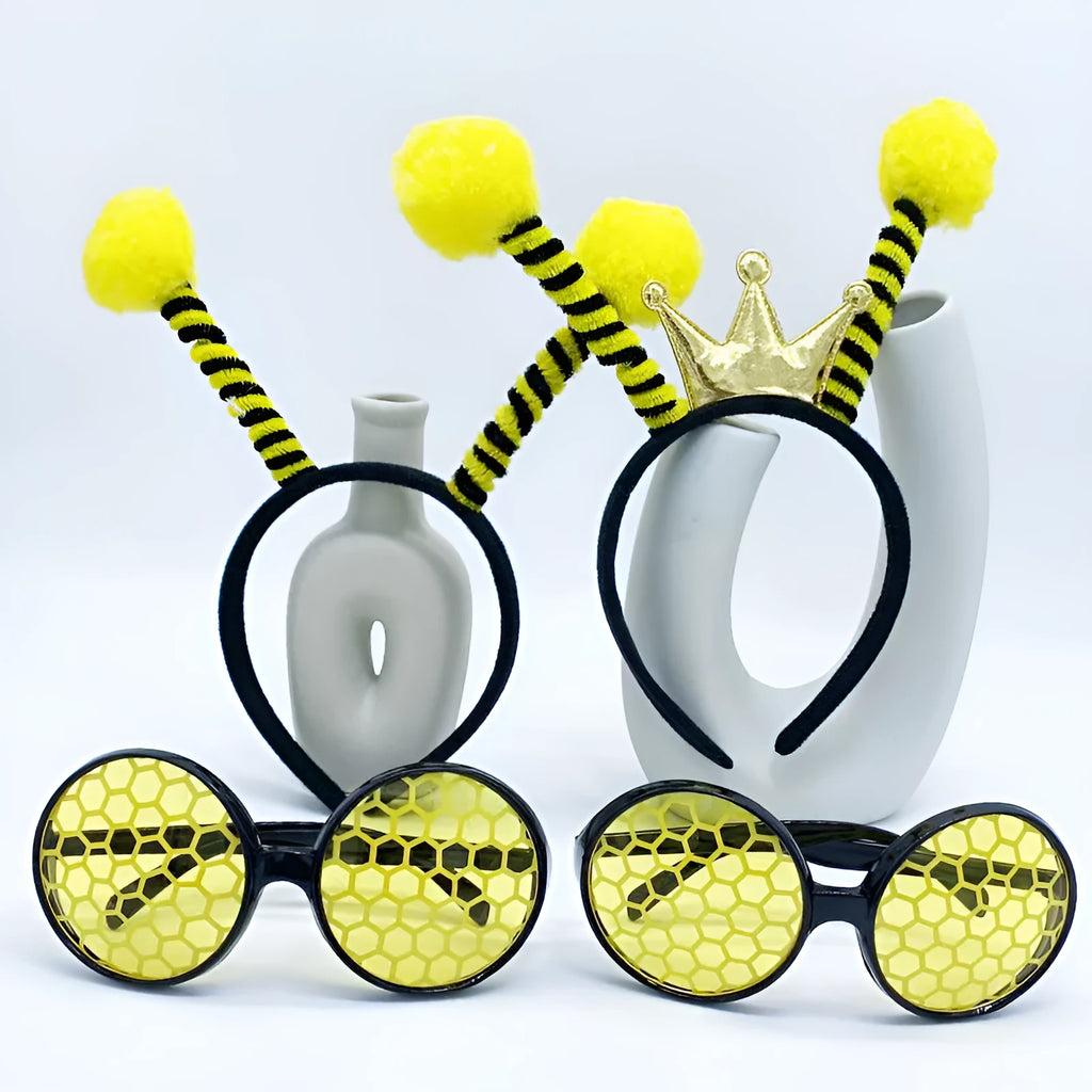 Yellow bees party costume headband and glasses set with cloth bee and ladybug appliqués.