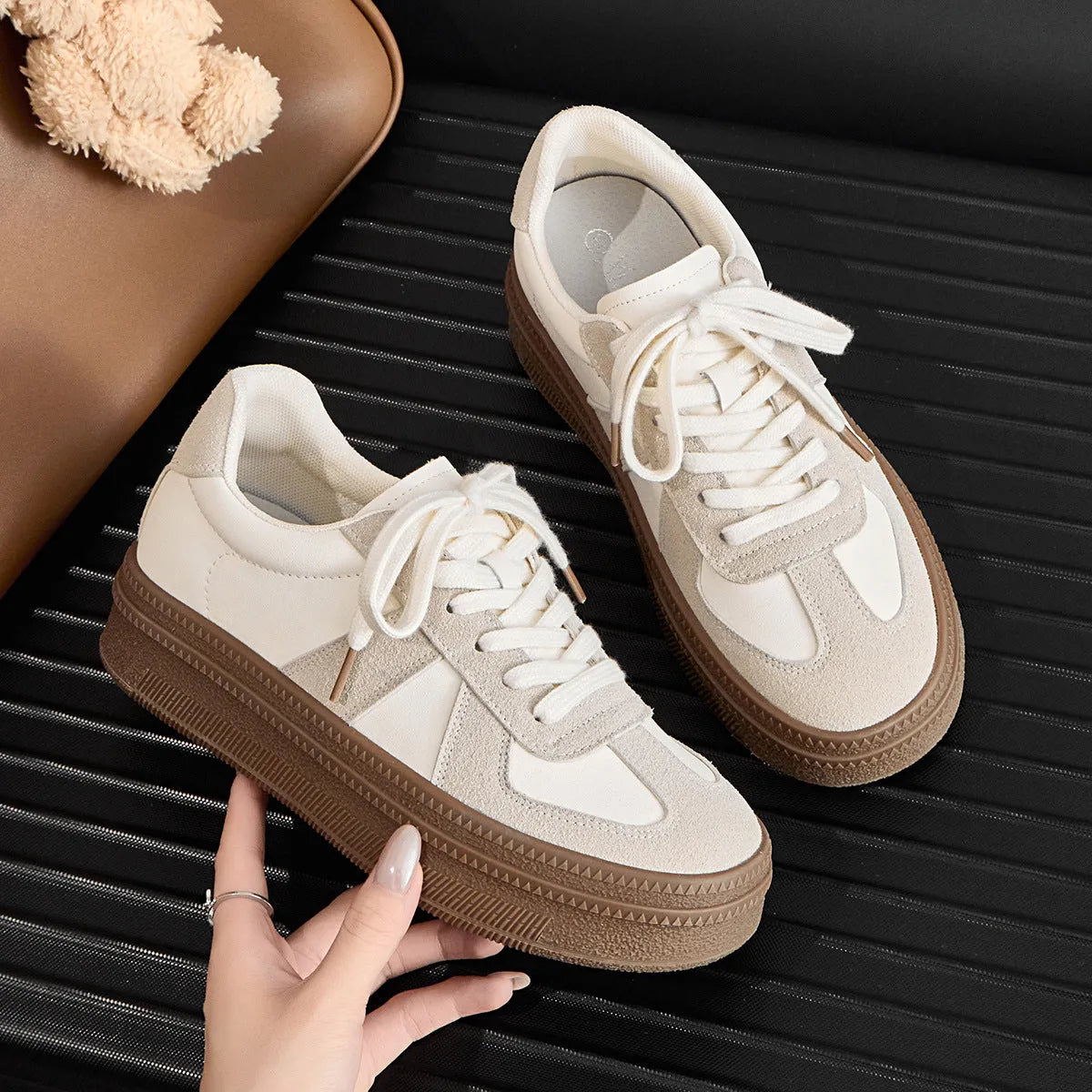 Retro round toe board shoes with cross shoulder straps and lace-up closure in beige and silver colours
