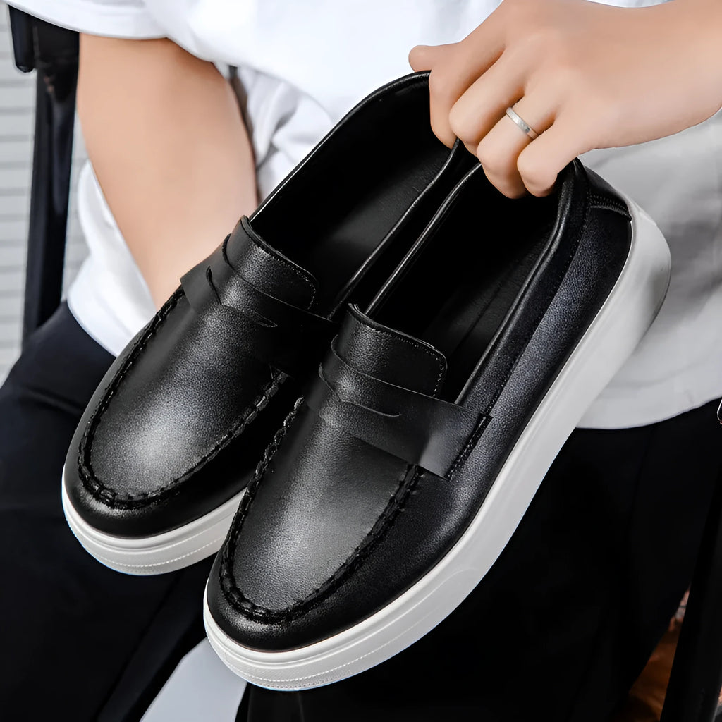 Men's casual PU leather slip-on loafer in British style with round toe, shown in khaki colour.