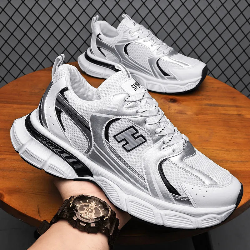 Men's casual running shoes with mesh upper and plastic sole in three colour options