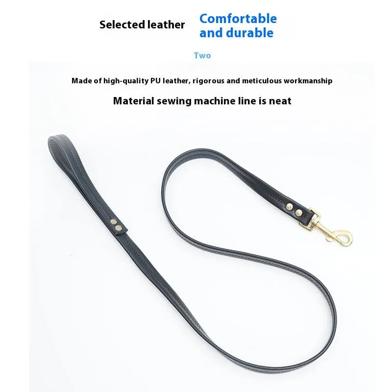 Roran black PU leather dog lead with metal clip for pet collar attachment