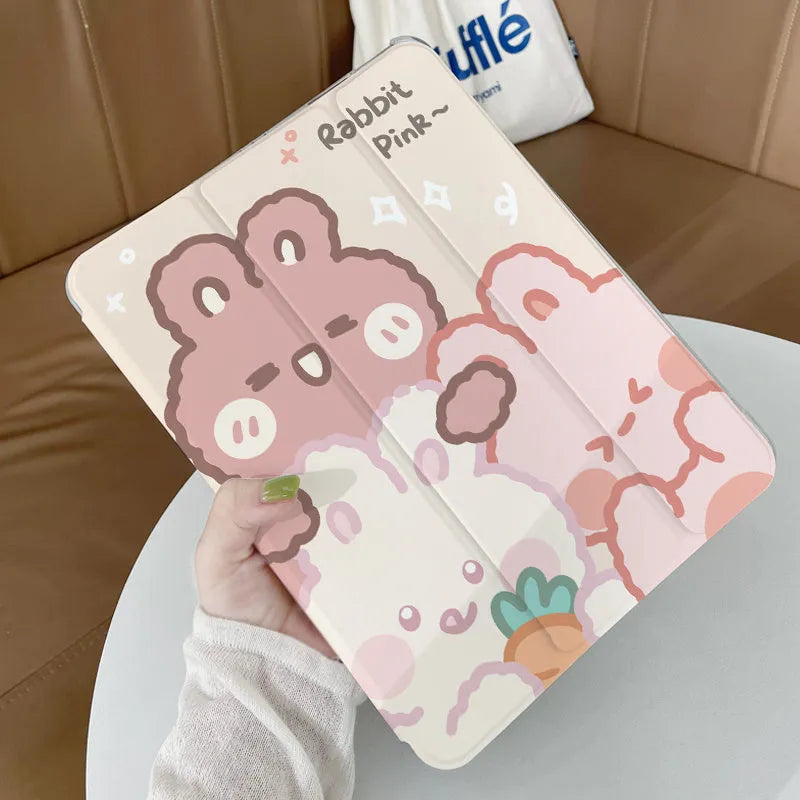 Cartoon rabbit design silicone tri-fold protective case for an iPad, showing its flat profile and stand function.