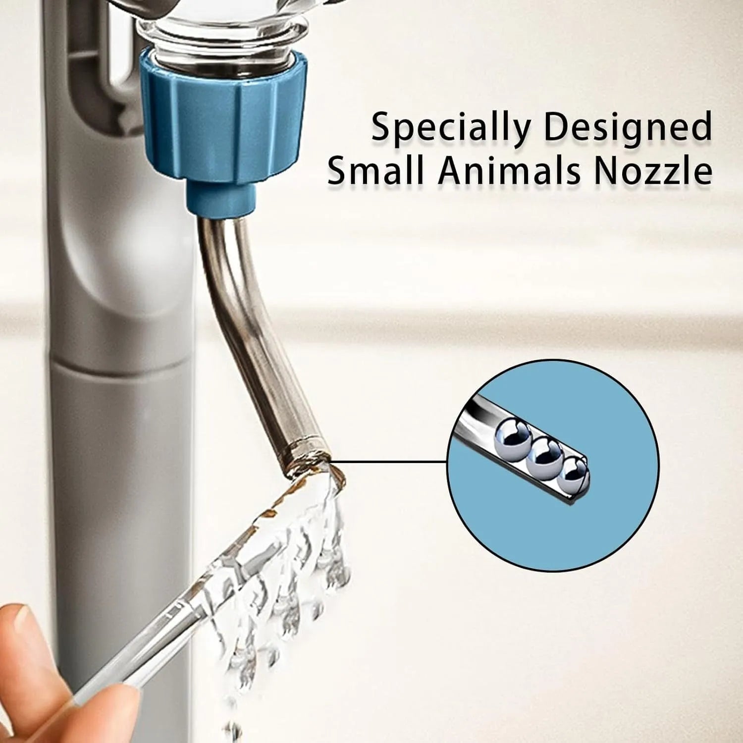 Blue small animal water bottle with rotatable nozzle shown attached to a cage.