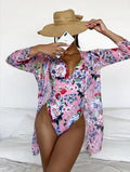 Women's floral three-piece bikini set with coat in various colours including green pink and blue