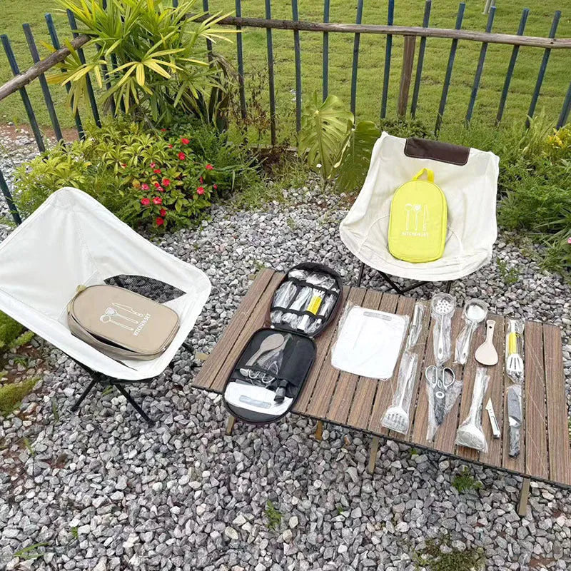 12-piece stainless steel portable kitchenware set with storage bag in khaki, green or brown colours