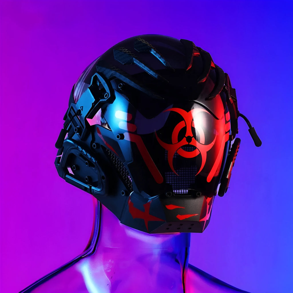 Black full-face sci-fi prop helmet with detailed bioweapon tech sculpted design