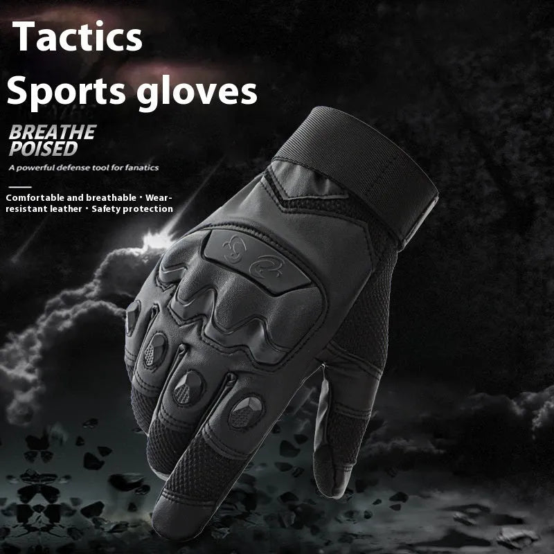 Men's black tactical full finger gloves with touch screen compatible fingertips on hand