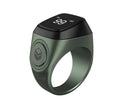 Zikr1 smart ring in silver showing OLED display with Tasbih count, next to charging case.