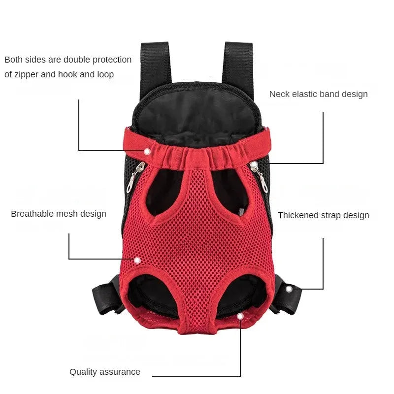 Adjustable nylon dog carrier backpack worn on front, showing mesh panels and open-top design for a small dog.