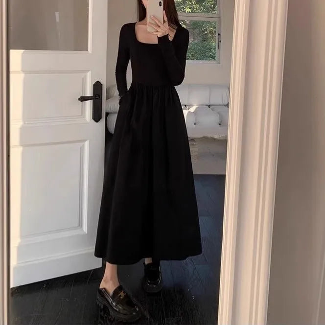 Women's square collar knitted dress with elastic waist and a-line long skirt