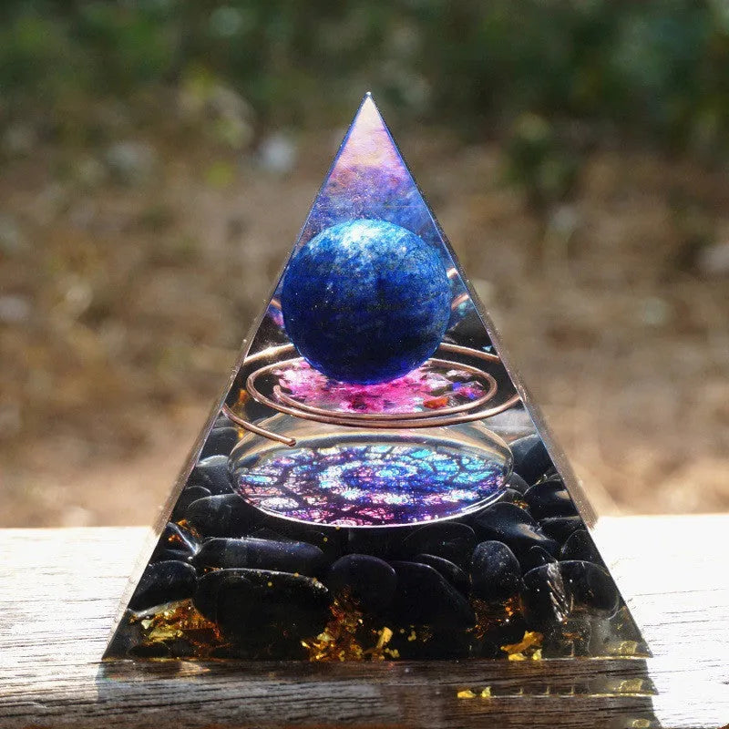 6cm resin pyramid decoration with embedded natural crystal gravel in geometric energy tower design