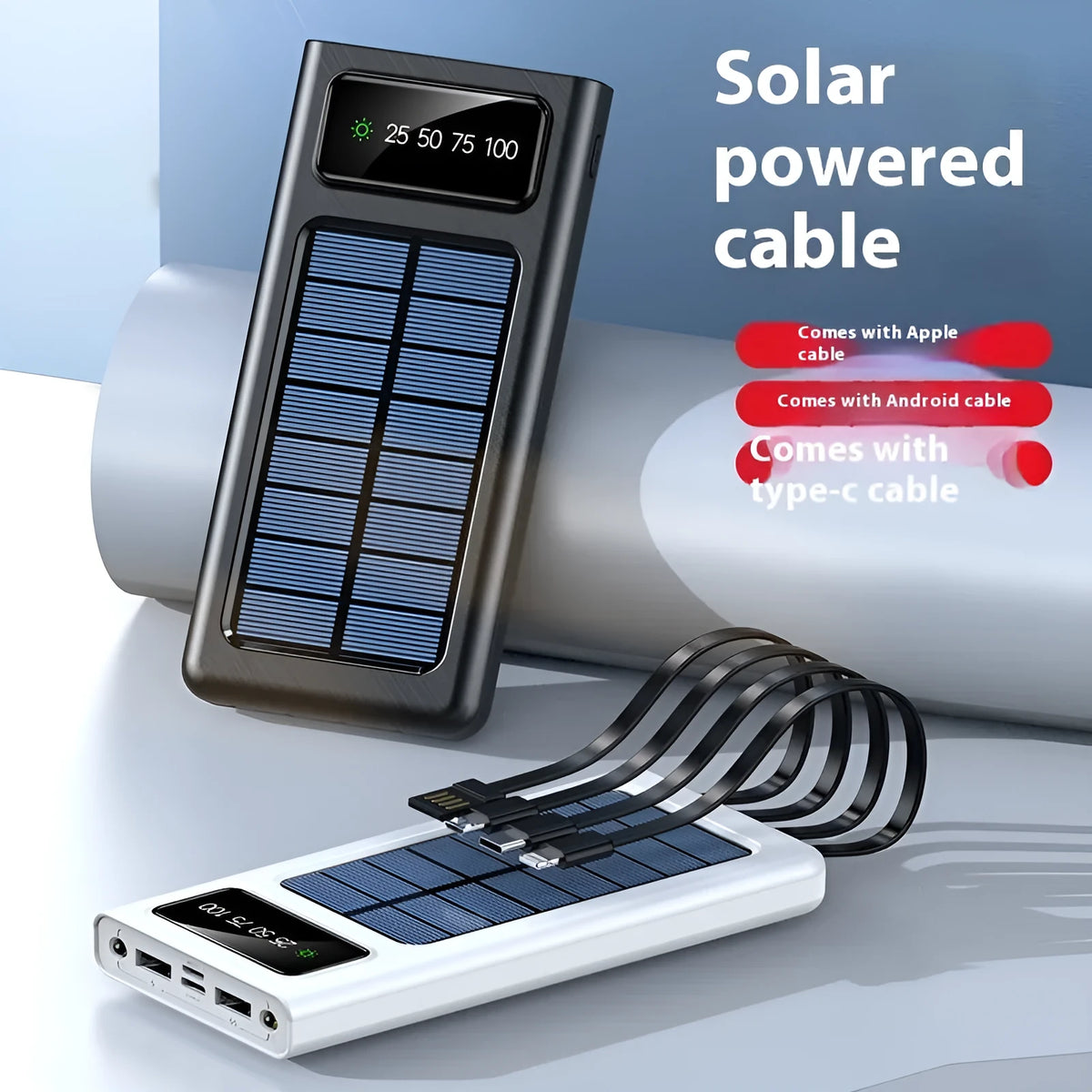 Black solar power bank with integrated cable showing four charging ports and solar panel