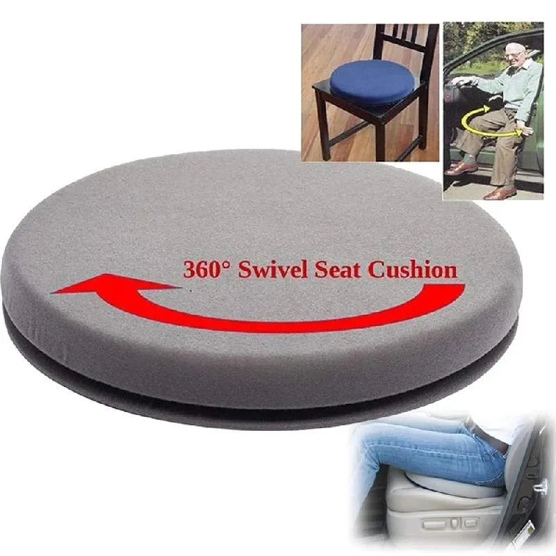 Round grey car seat cushion with a rotating base, shown on a car seat.