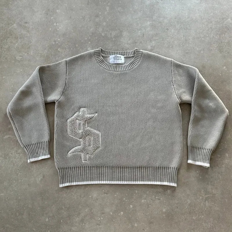 Grey loose-fitting jacquard knitwear coat with long sleeves for autumn and winter