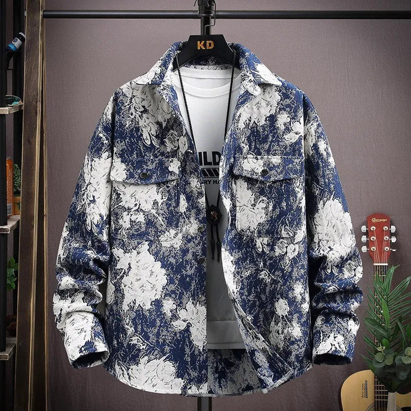 Men's casual lapel shirt coat jacket in polyester fabric with straight hem design.