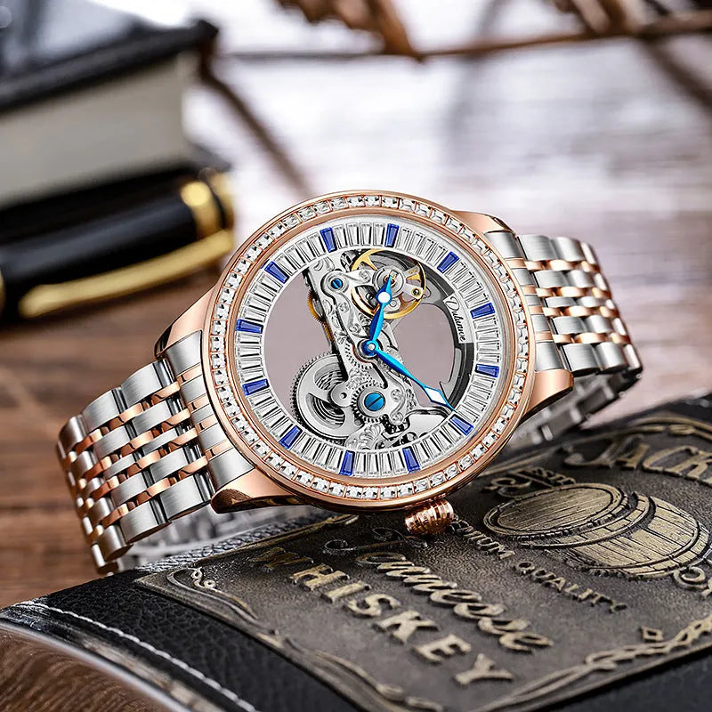 Men's waterproof mechanical business watch with transparent case back and choice of straps