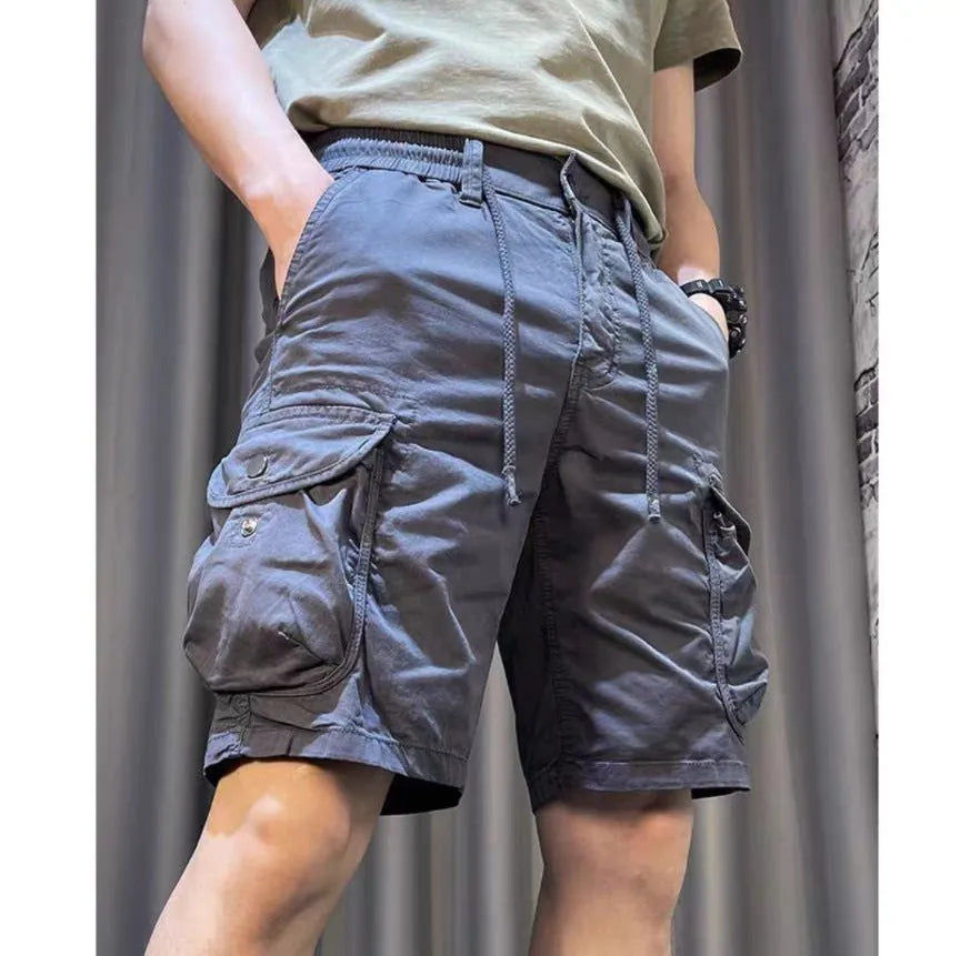 Men's loose straight-leg casual overalls with multiple pockets in khaki colour showing front and side views
