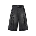 Distressed raw edge denim shorts in straight leg cropped fit.