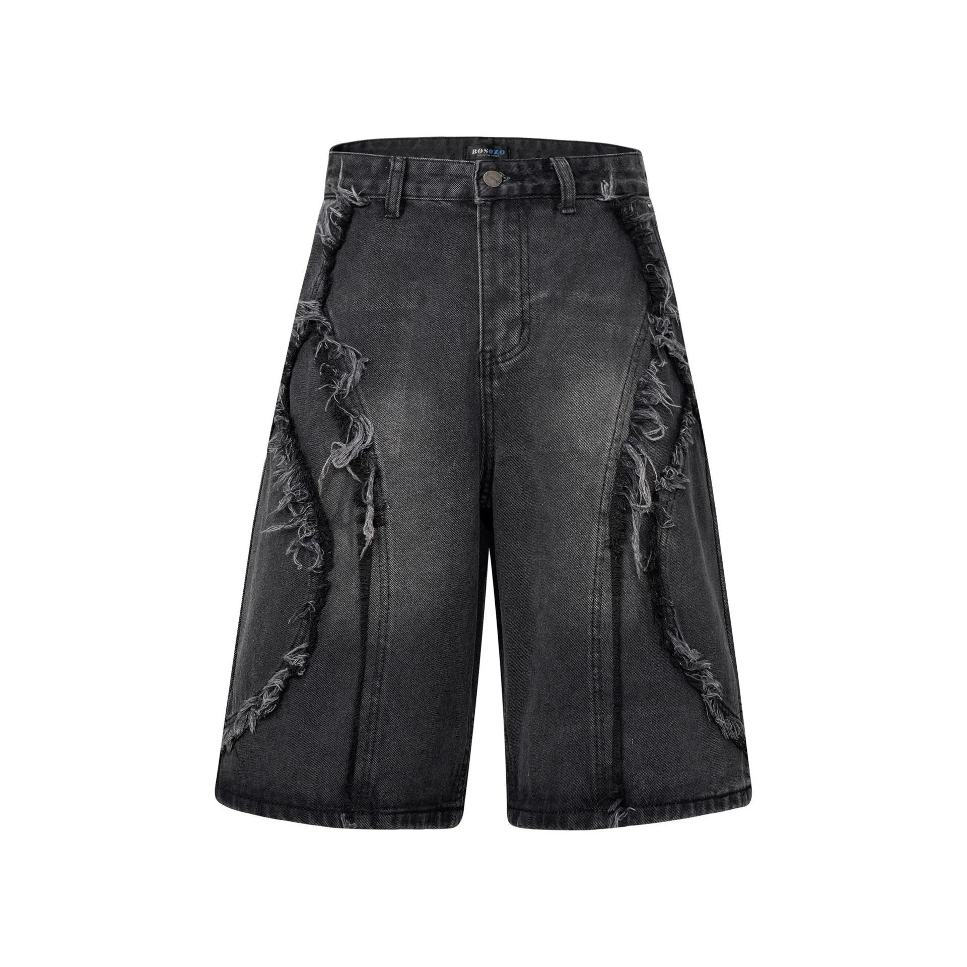 Distressed raw edge denim shorts in straight leg cropped fit.
