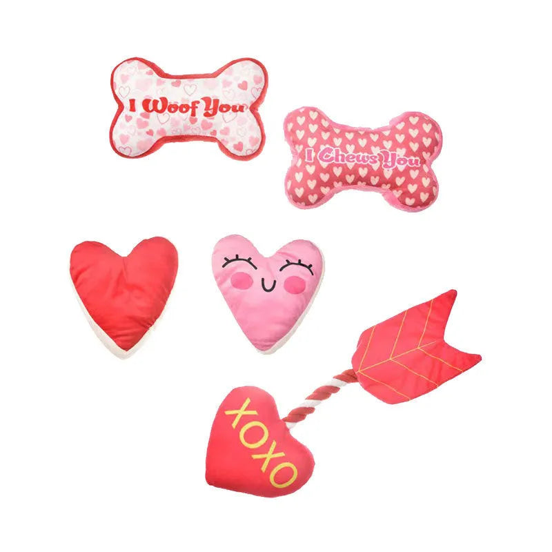 Plush dental toy for dogs with bite-resistant construction and vocalisation sounds in four colour options