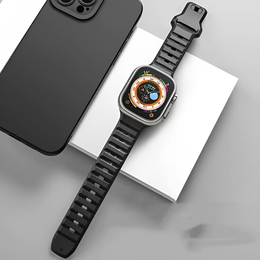 Fluoro rubber Apple Watch band with T buckle clasp in multiple colours.