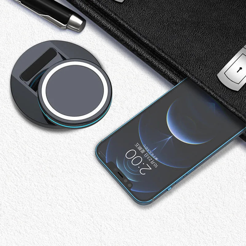 Magnetic wireless charging stand compatible with iPhone 12 showing folding design