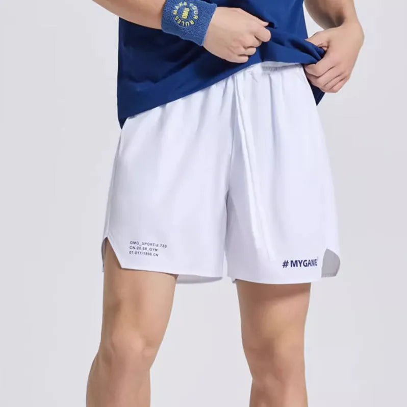Men's blue training shorts with moisture-wicking fabric on a grey background.