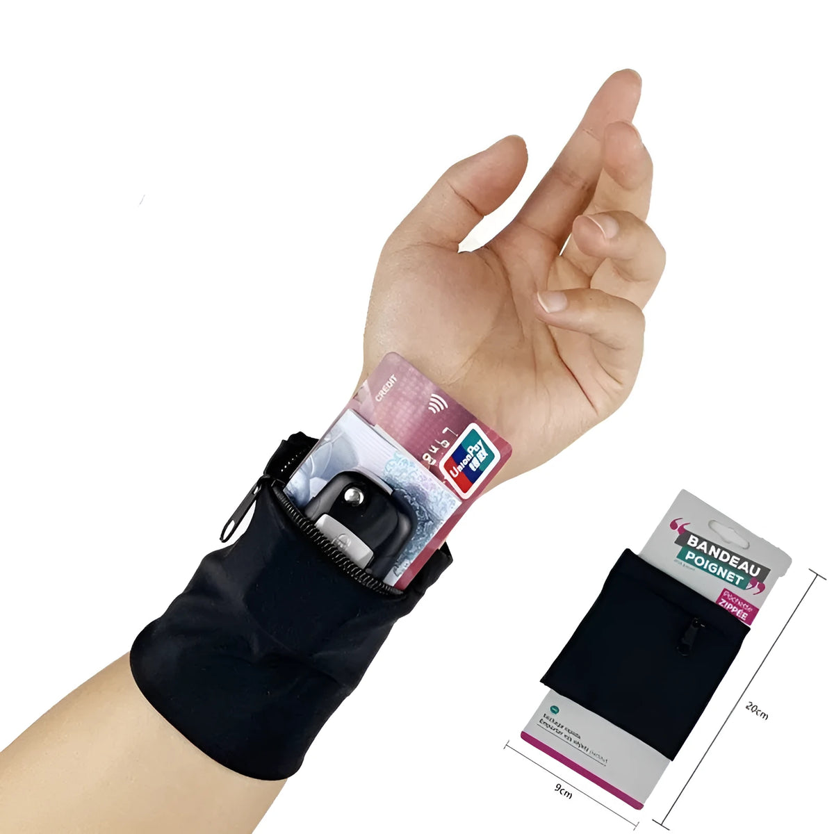 Wrist bag armband sleeve for mobile phone with adjustable strap, shown in packaging