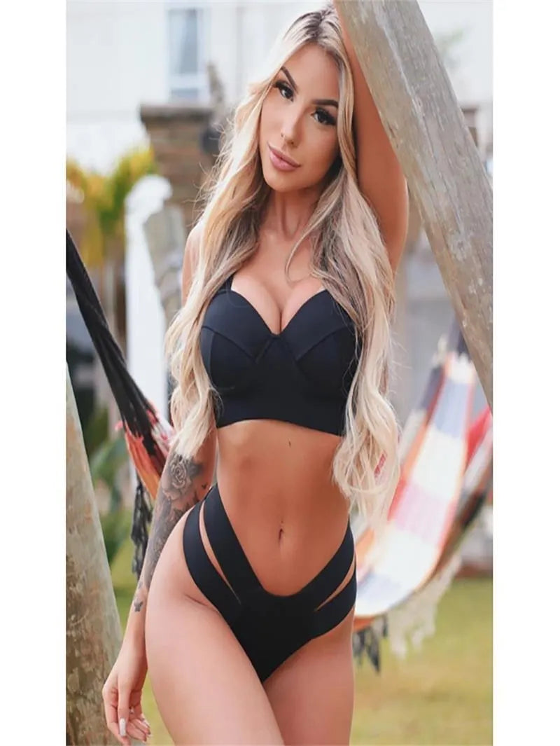 Women's push-up bikini swimsuit with steel bracket support in rose red, black, peacock blue and blue colours