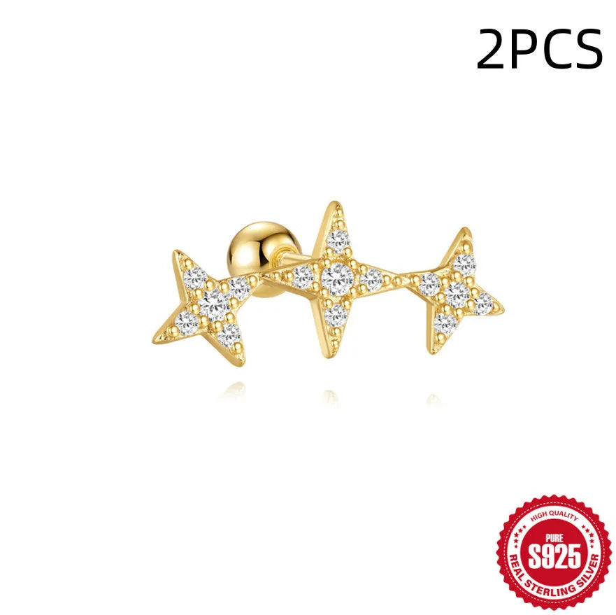 S925 sterling silver square floral stud earrings with red gravel accents in golden colour