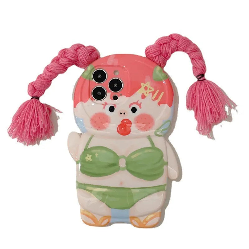 Pink and green silicone iPhone case with cartoon design of a summer swimsuit girl with braids.