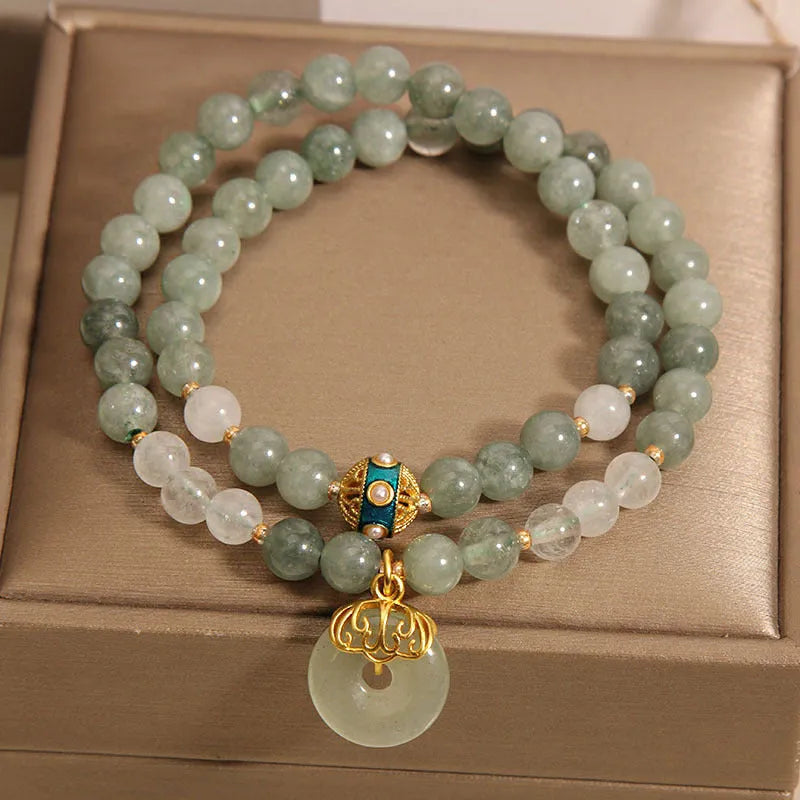 Women's oil green double-layer jade bracelet with safety buckle and crystal rhinestone details