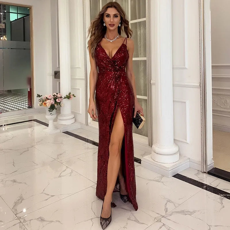 Women's V neck sequin spaghetti strap maxi dress in gold, wine red or black, sizes S to XL.