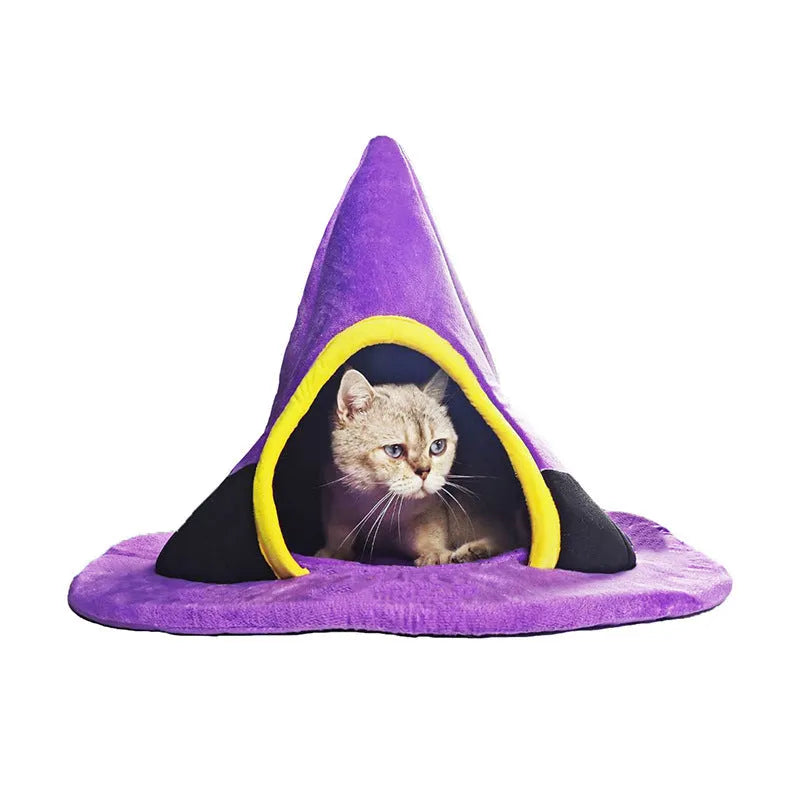 Purple Halloween witch hat shaped cat nest bed measuring 60x45cm with cloth fabric