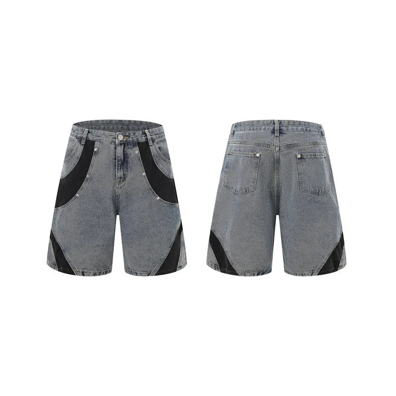 Retro washed denim short-sleeve jacket and full-length trousers suit in blue street style