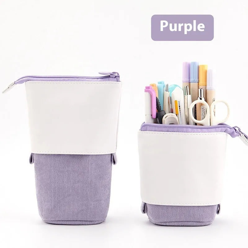 Korean style telescopic stationery case in purple PU corduroy made from cotton and linen.