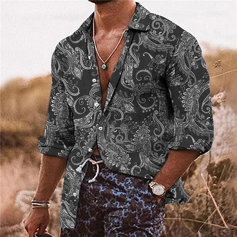 Men's loose fit long sleeve shirt with a colourful 3D floral pattern print on polyester fabric