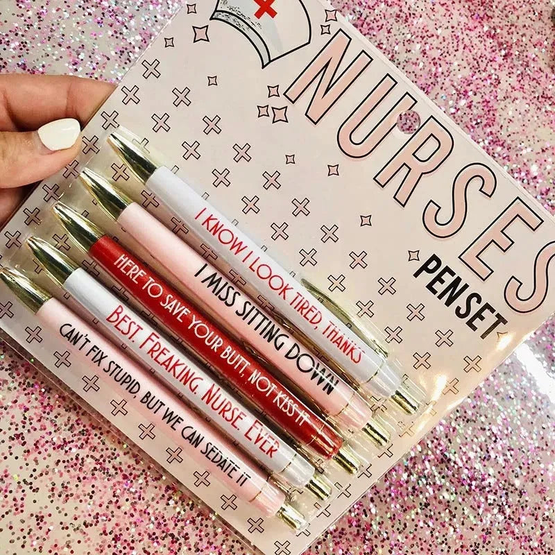 Set of five nurse-themed retractable ballpoint pens with medical text printed on plastic barrels