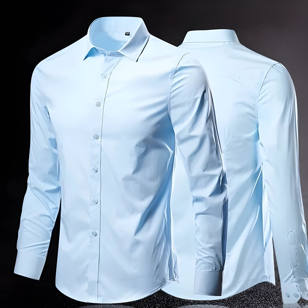 Loose-fit long-sleeve linen shirt shown in a neutral colour.