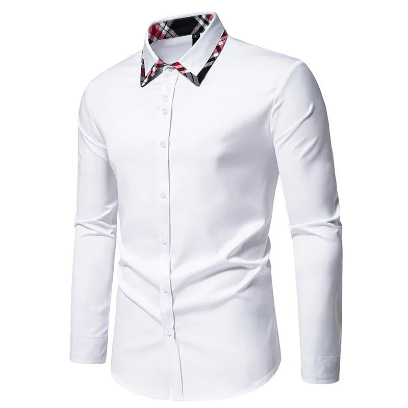 Men's blue, black, and white plaid long sleeve shirt with a contrasting triangle collar.