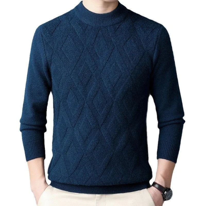 Men's diamond jacquard winter thermal sweater in wool blend fabric shown in light camel colour