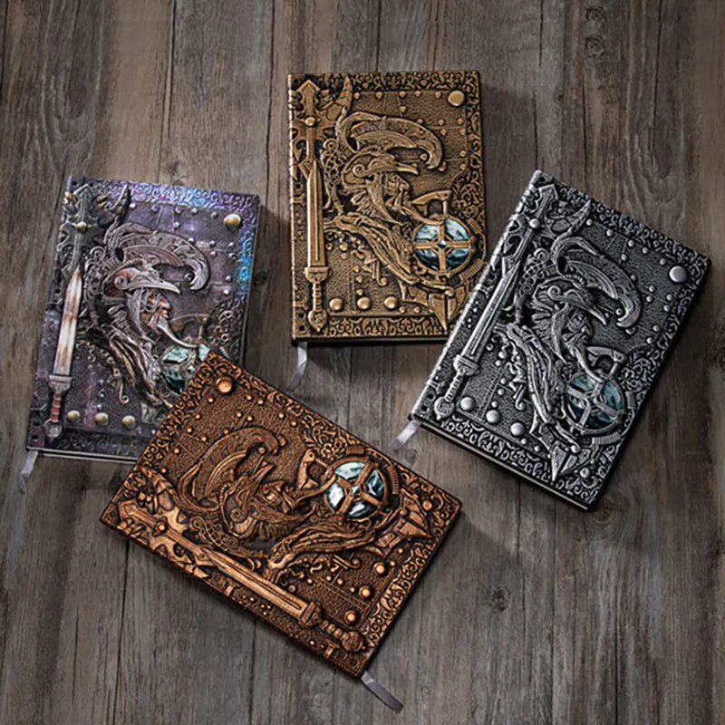 A5 leather notebook with 3D warriors relief embossed design in bronze colour option