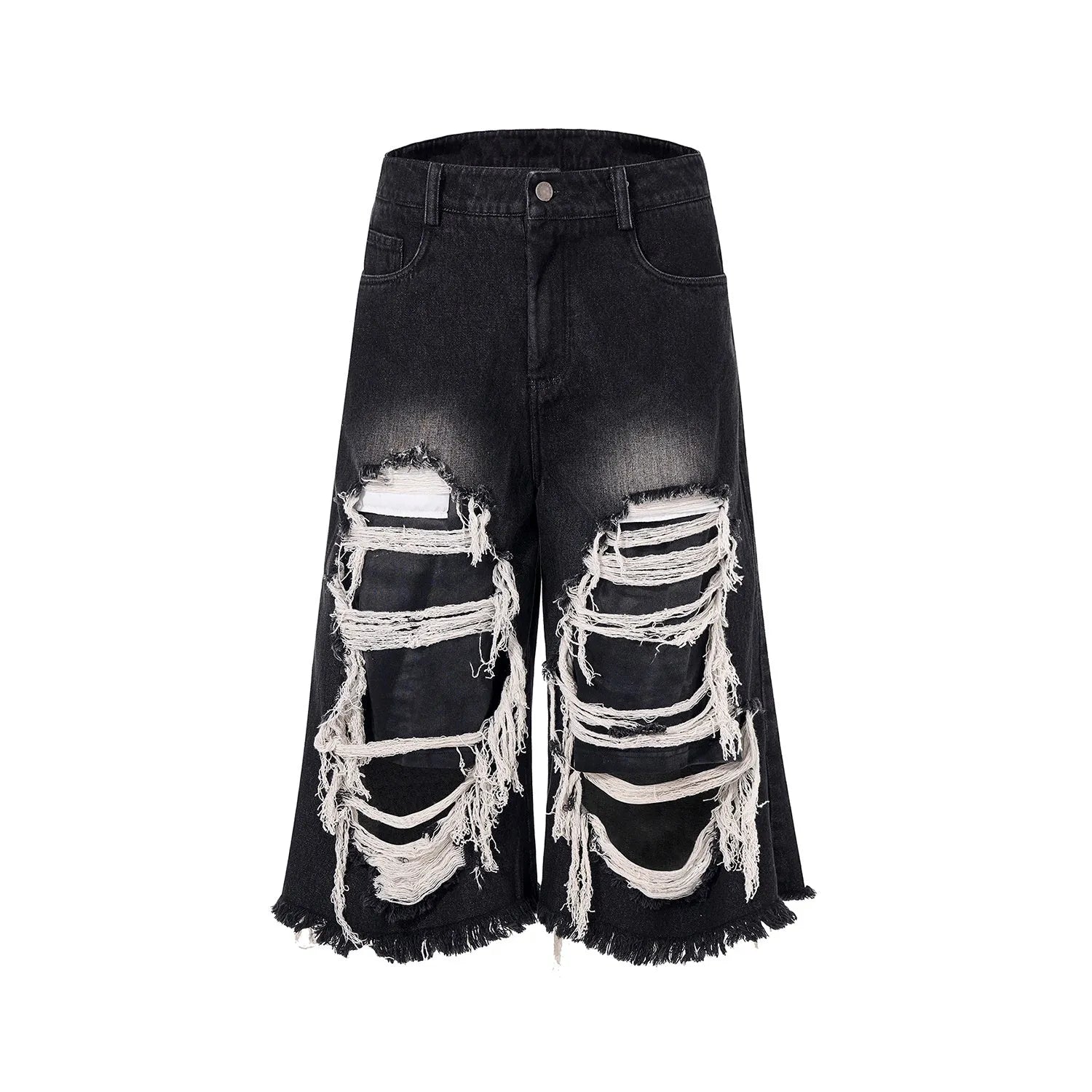 Black women's wide leg cropped jeans with ripped patch detail and a mid-high waist on a hanger.