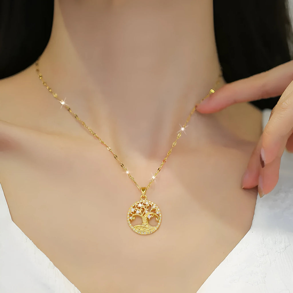 Gold-plated necklace with lucky tree pendant featuring micro-inlaid zircon and mother pearl shellfish centrepiece on adjustable chain
