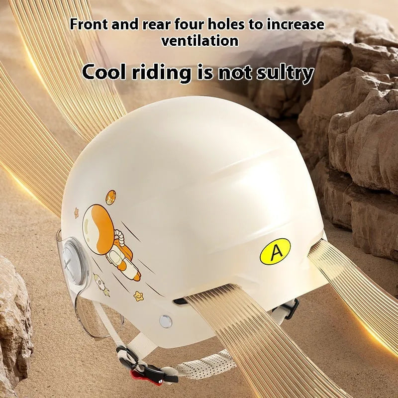 Khaki coloured electric motorcycle half helmet with interchangeable lens system shown from side view