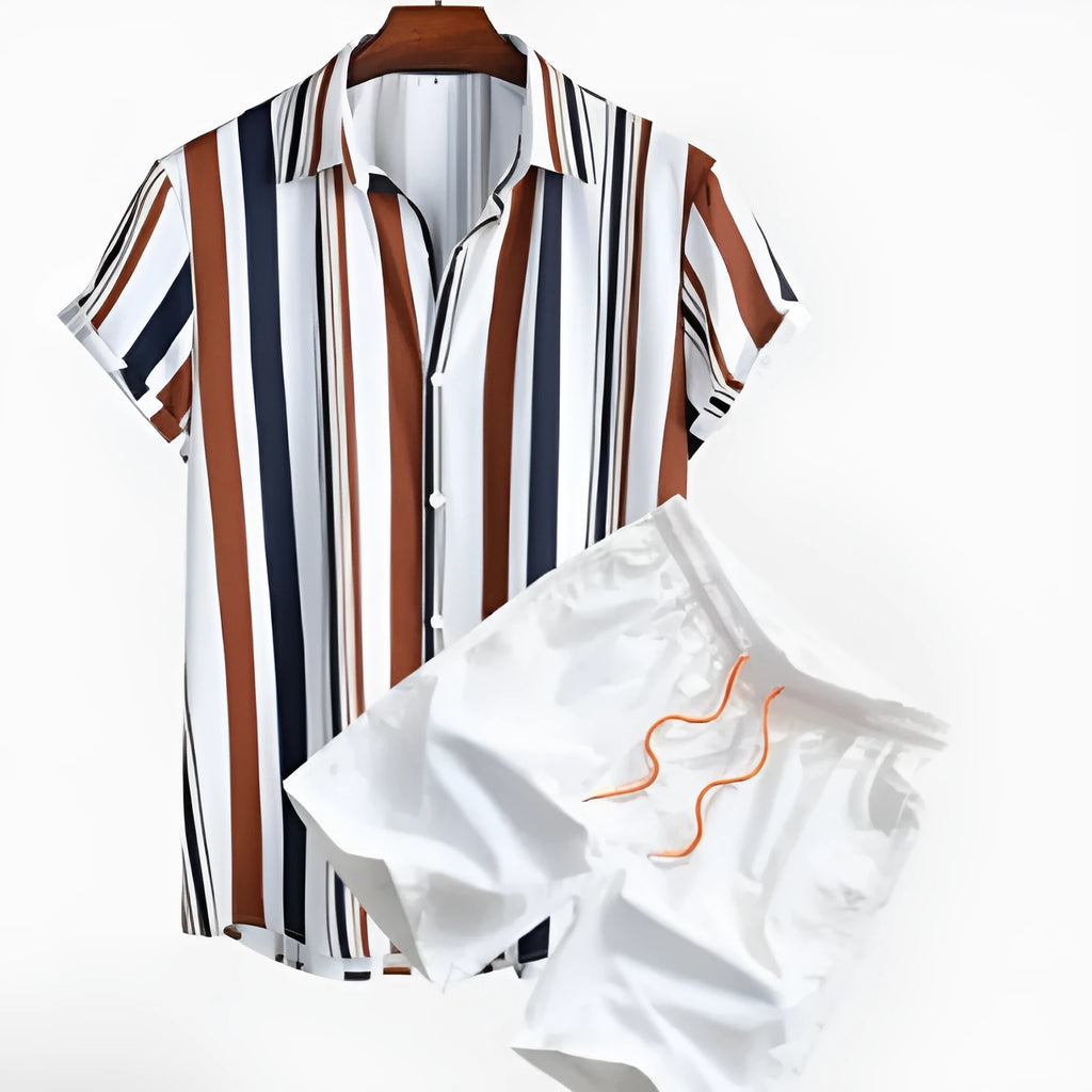 Men's digital print casual suit with cardigan and shorts in four-sided elastic polyester fabric