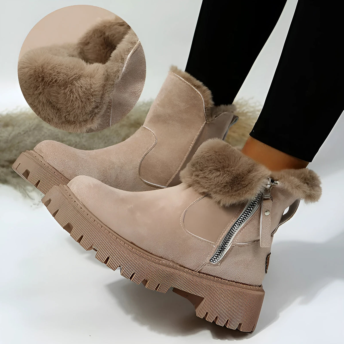 Women's black faux suede high-top snow boots with side zipper and faux fur lining.