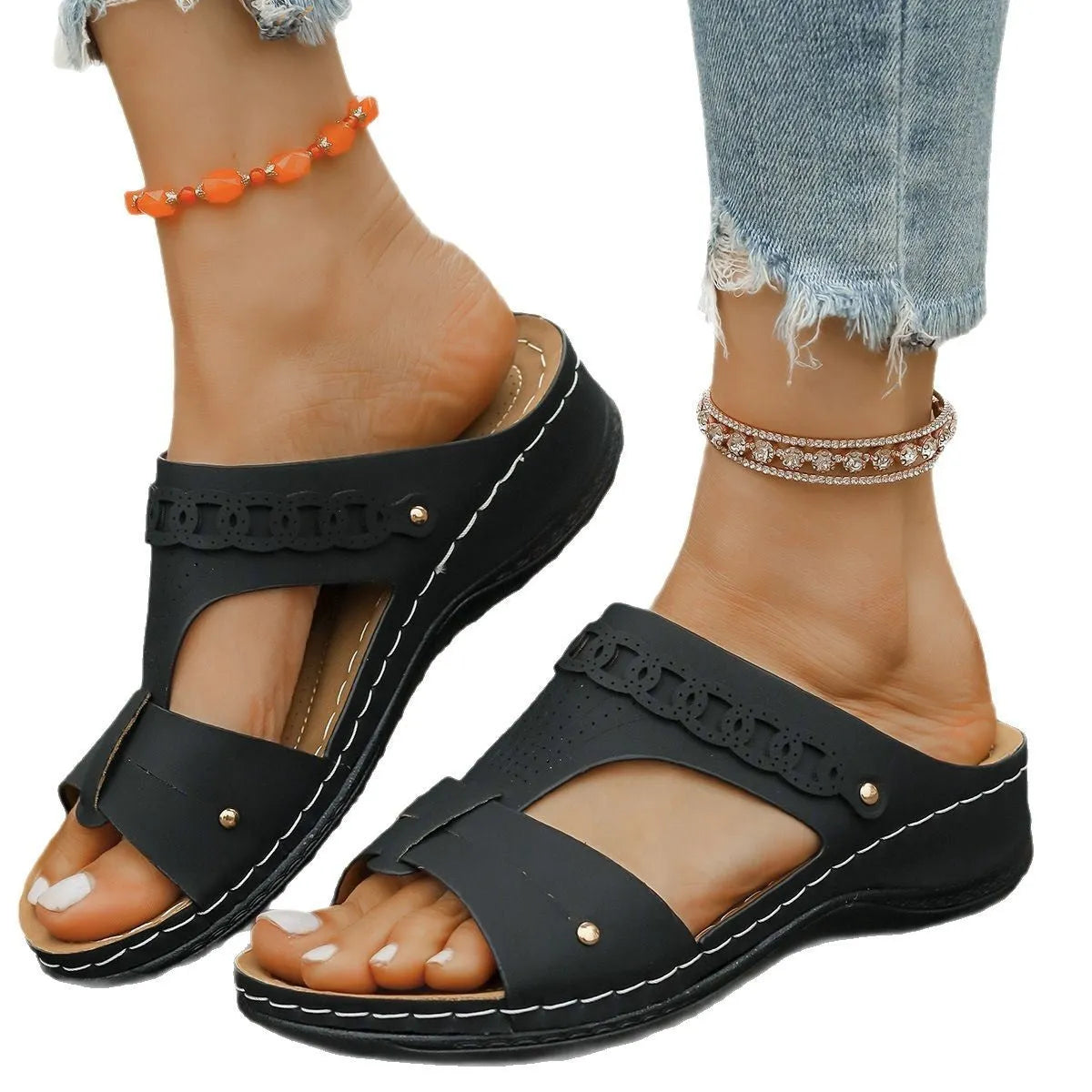 Roman style slippers with slope heel and fish mouth toe in blue, black, white, beige, red, or brown colours