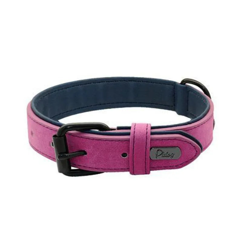 Adjustable dog collar in purple showing PU front and microfiber back, with double-layer thickened construction.